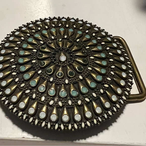 VINTAGE AZTEC STYLE BELT BUCKLE PENDANT /RHINESTONES 3.5 INCH DIAMETER OPAL - Picture 2 of 14